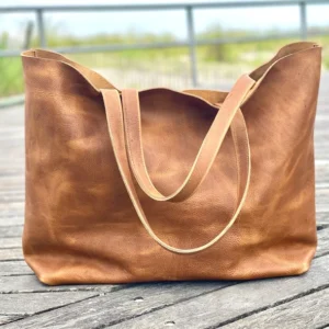 Extra large honey brown leather tote bag