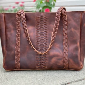 Vintage brown leather braided straps tote bag