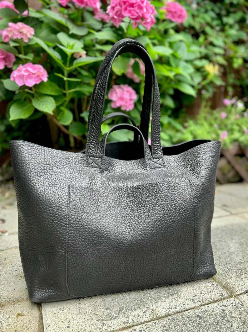 Extra large Black leather tote bag Work and travel computer bag, Large shopping bag with zipper option – Image 2