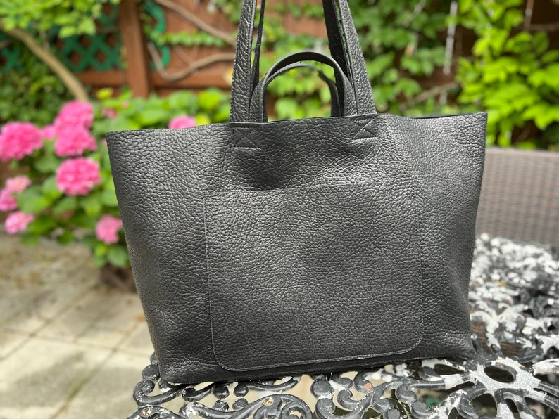 Extra large Black leather tote bag Work and travel computer bag, Large shopping bag with zipper option – Image 8