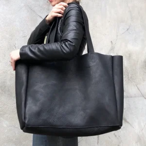 Extra large black leather tote bag