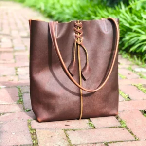 Tall brown leather tote tassels